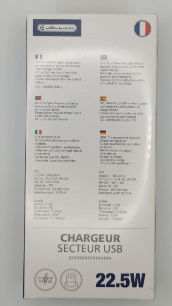 Chargeur secteur USB 22,5 W + câble Lightning – Jellico
