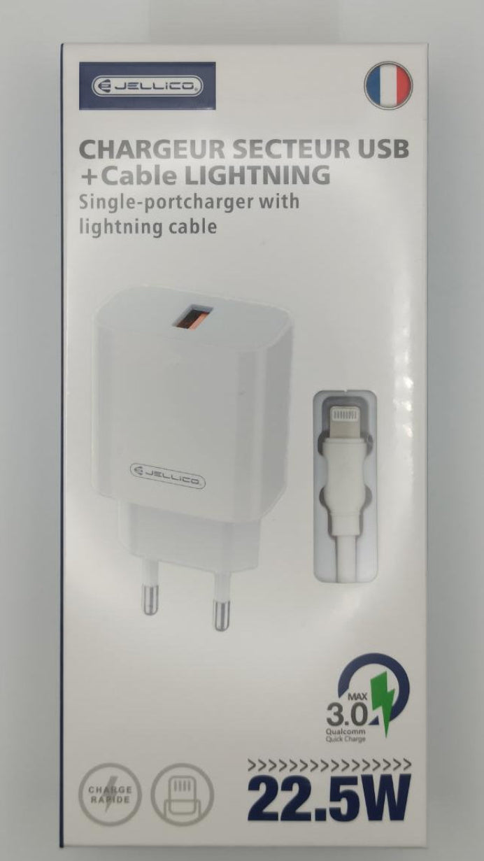 Chargeur secteur USB 22,5 W + câble Lightning – Jellico