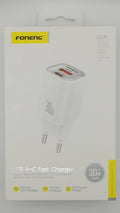 Chargeur mural Foneng 30 W GaN, 2 ports USB-A et USB-C.