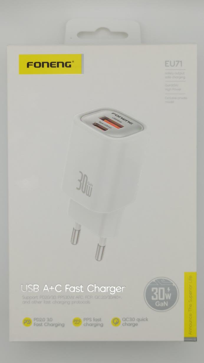 Chargeur mural Foneng 30 W GaN, 2 ports USB-A et USB-C.