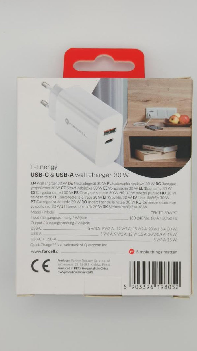 Chargeur 30W USB-C + USB-A Forcell | PD / charge 2 appareils