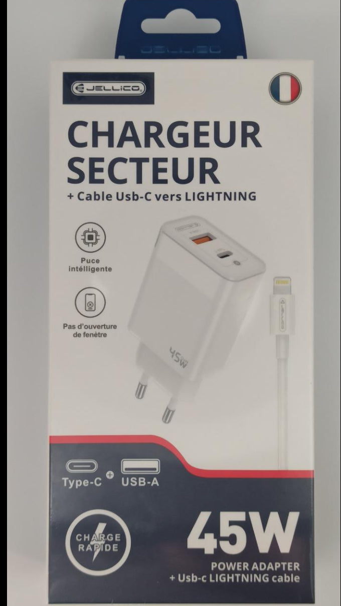 Chargeur GaN 45W USB-C + USB-A + câble Lightning Jellico