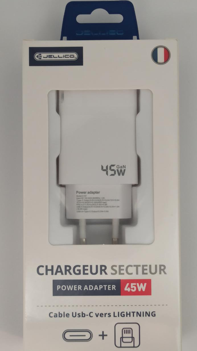 Chargeur GaN 45W USB-C + USB-A + câble Lightning Jellico