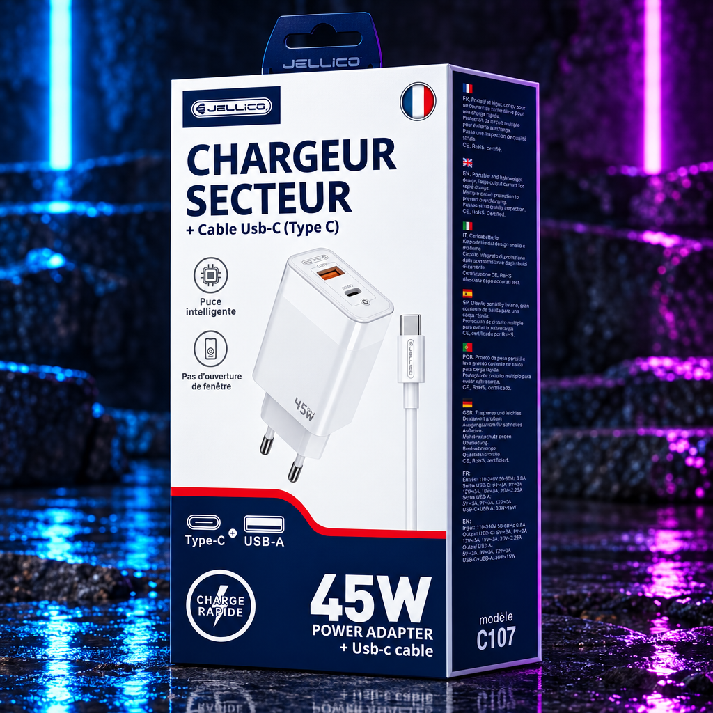Chargeur secteur GaN 45W USB-C + USB-A + câble USB-C | Jellico C107