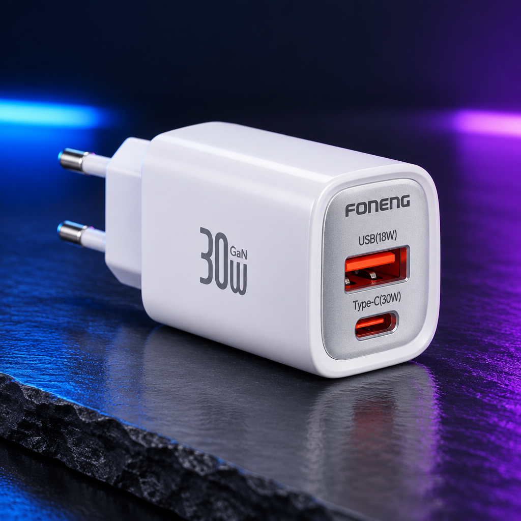 Chargeur mural Foneng 30 W GaN, 2 ports USB-A et USB-C.