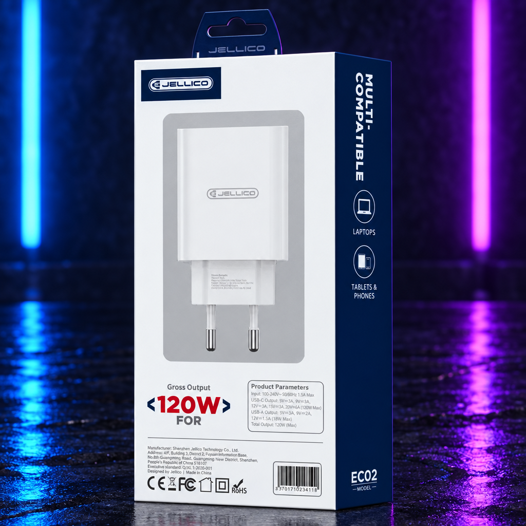Chargeur Secteur 120W Double Port USB-C + USB-A + Câble USB-C — Jellico EC02