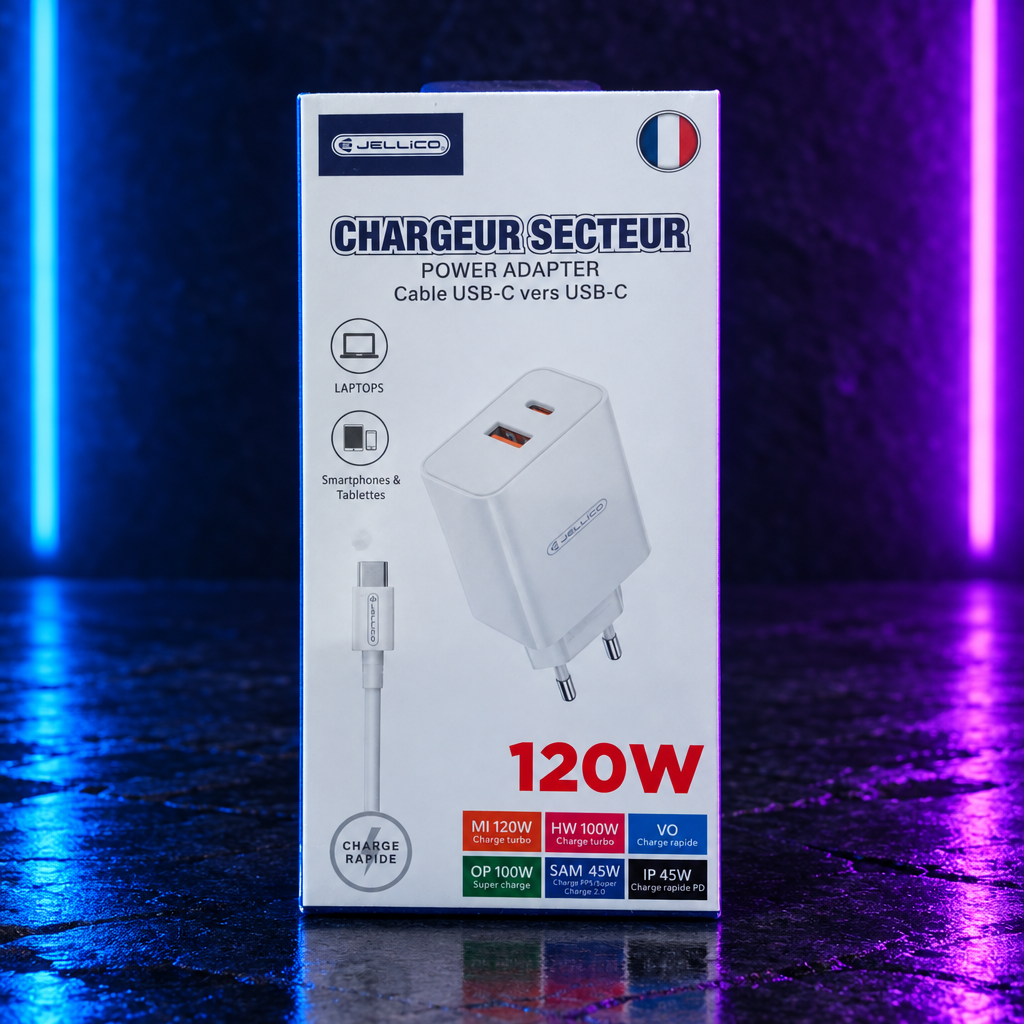 Chargeur Secteur 120W Double Port USB-C + USB-A + Câble USB-C — Jellico EC02