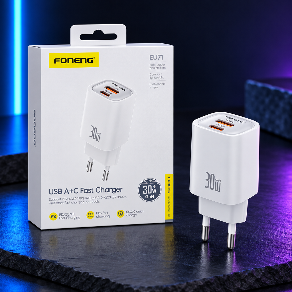 Chargeur mural Foneng 30 W GaN, 2 ports USB-A et USB-C.