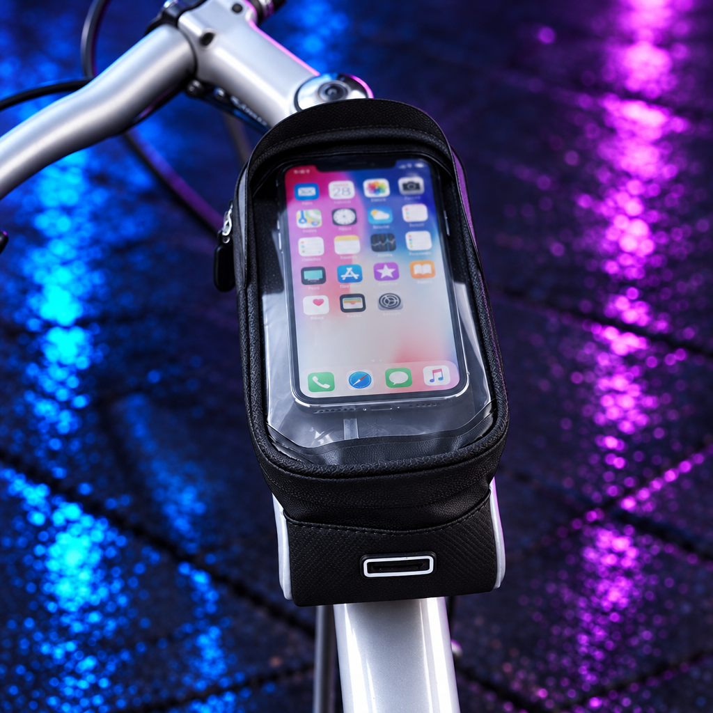 Pochette de guidon vélo étanche pour smartphone | Noire liseré argent