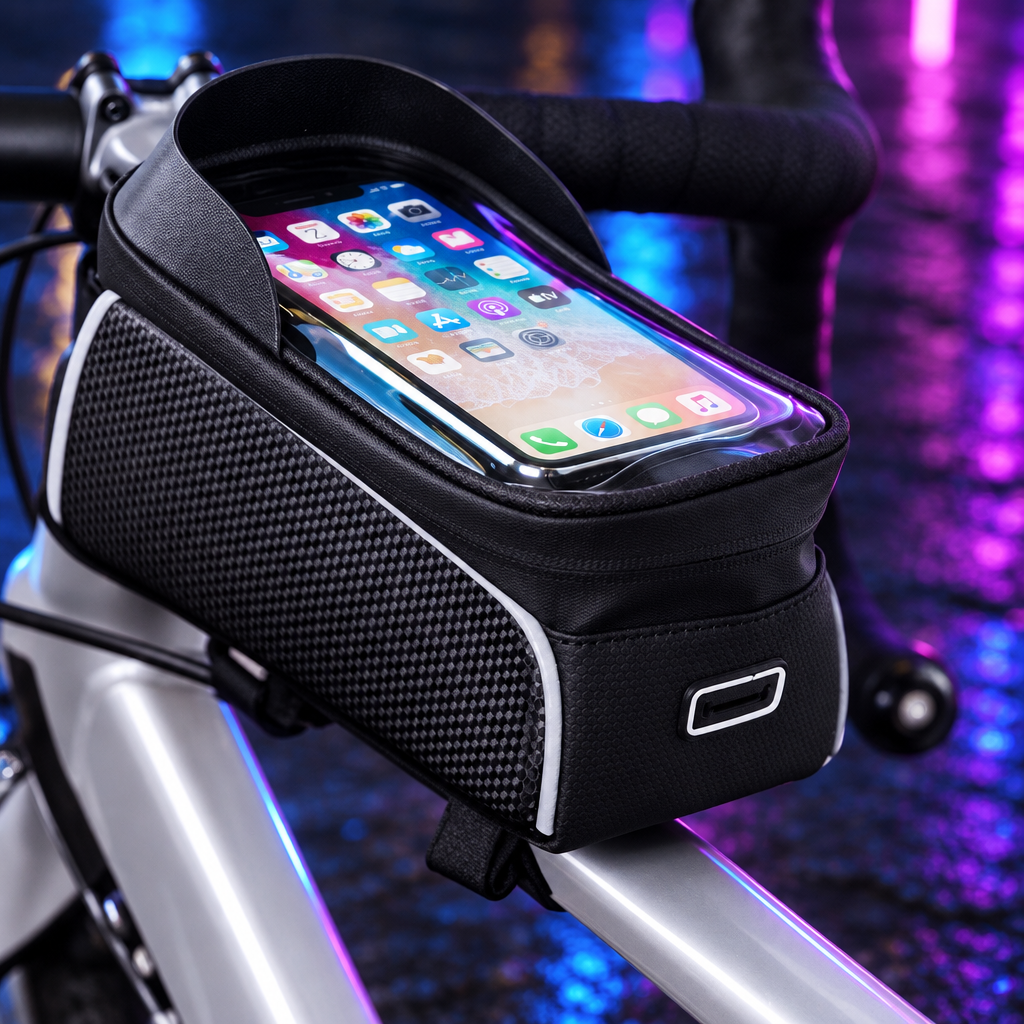 Pochette de guidon vélo étanche pour smartphone | Noire liseré argent